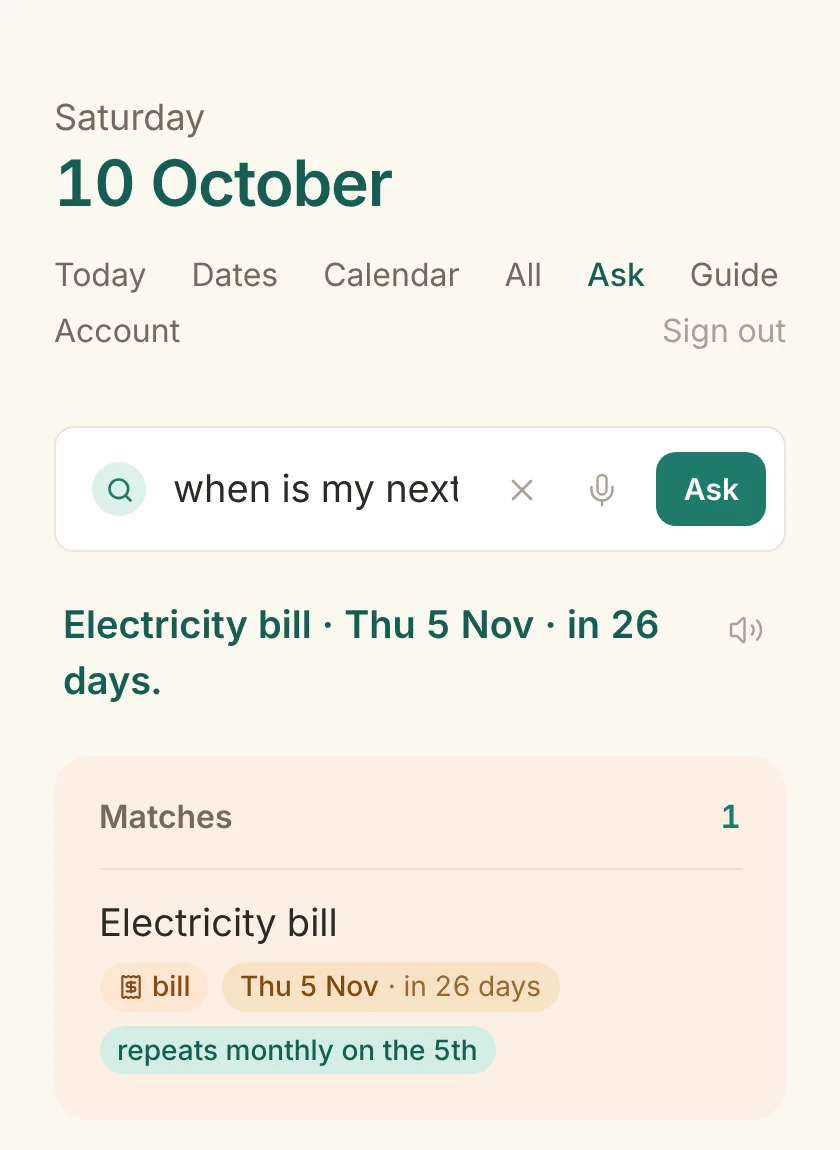 Memorize It Ask page answering “when is my next electricity bill?” with “Electricity bill · Thu 5 Nov · in 26 days”, shown as a bill that repeats monthly on the 5th.